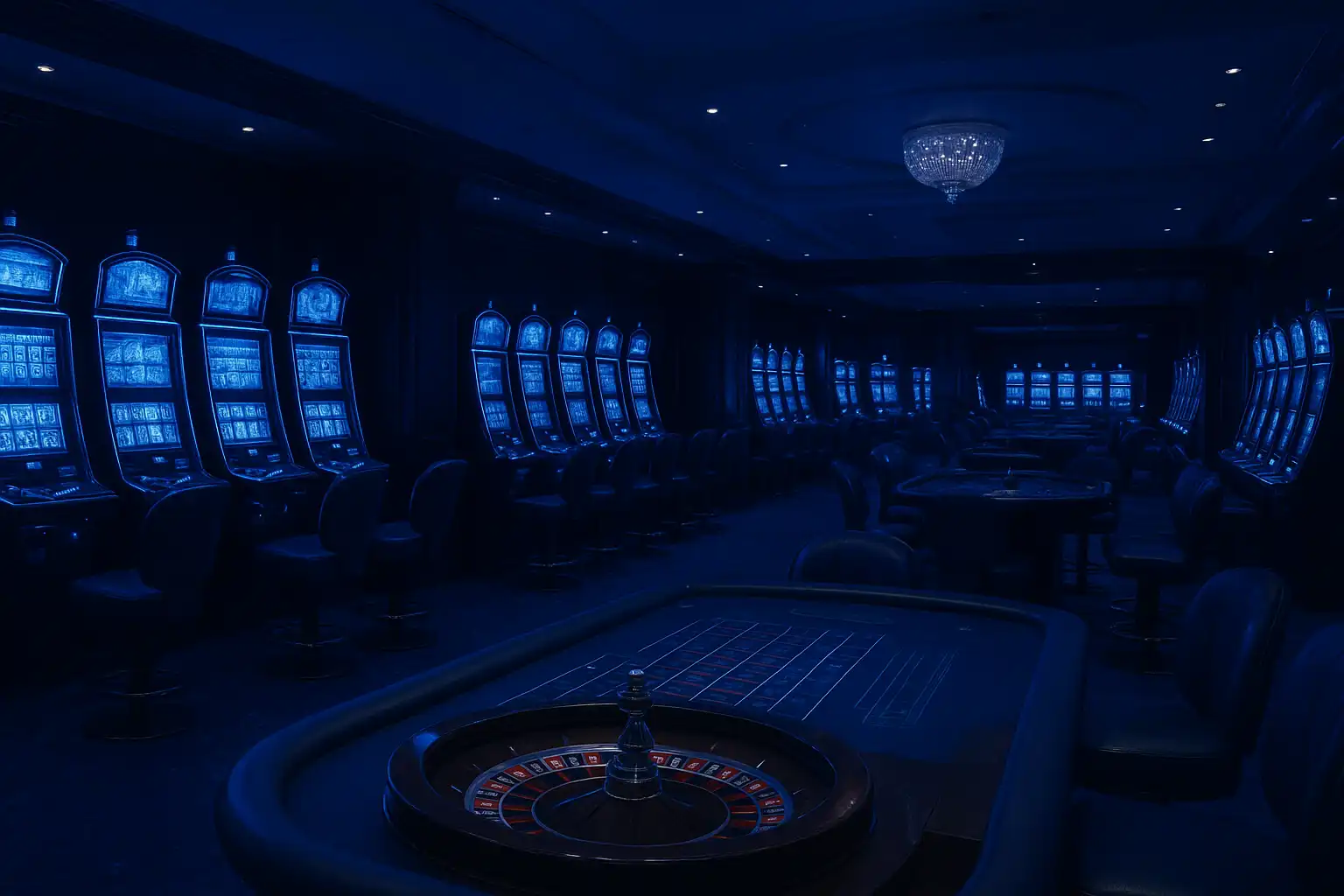 Sapphire and silver casino interior with illuminated gaming tables